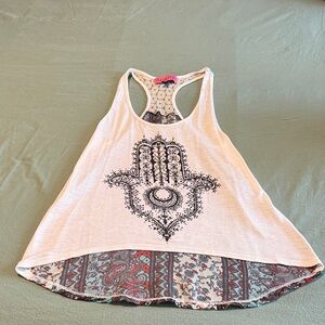 Boho White Tank Top with Black Hamsa Design